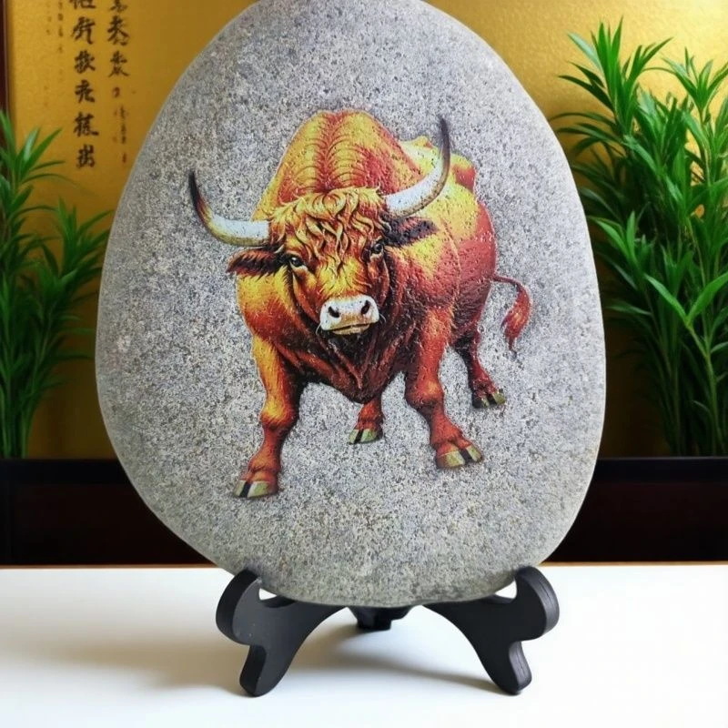 牛气冲天十二生肖牛石头画精美玄关书房创意室内摆设大新中式酒柜