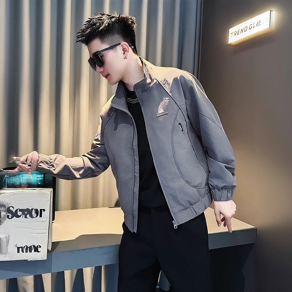 明线男秋季立领韩版痞帅翻领夹克百搭潮流皮夹克时尚