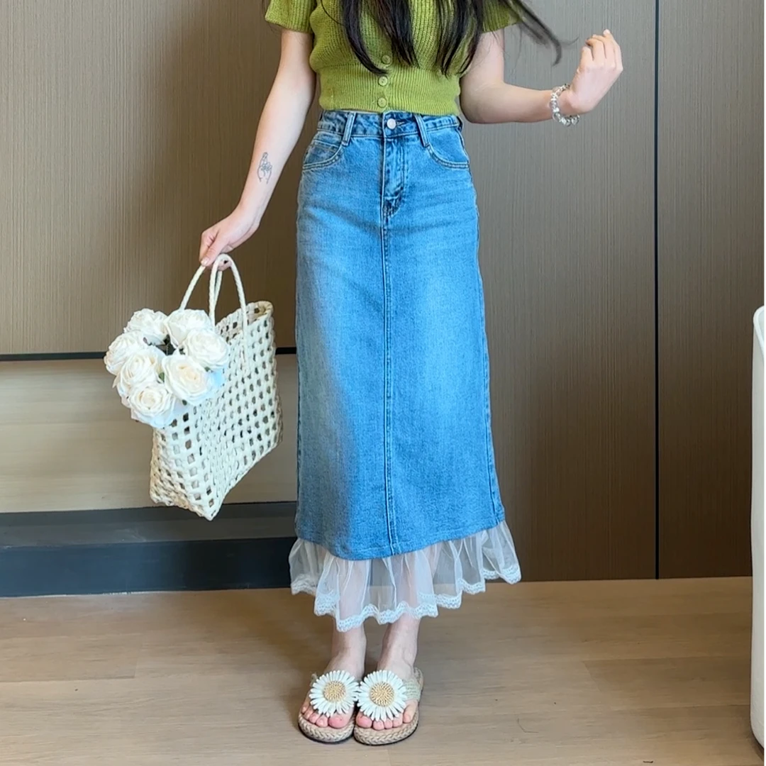 独特蕾丝拼接牛仔半身裙2025夏季新款甜美高腰开叉中长款半身裙女