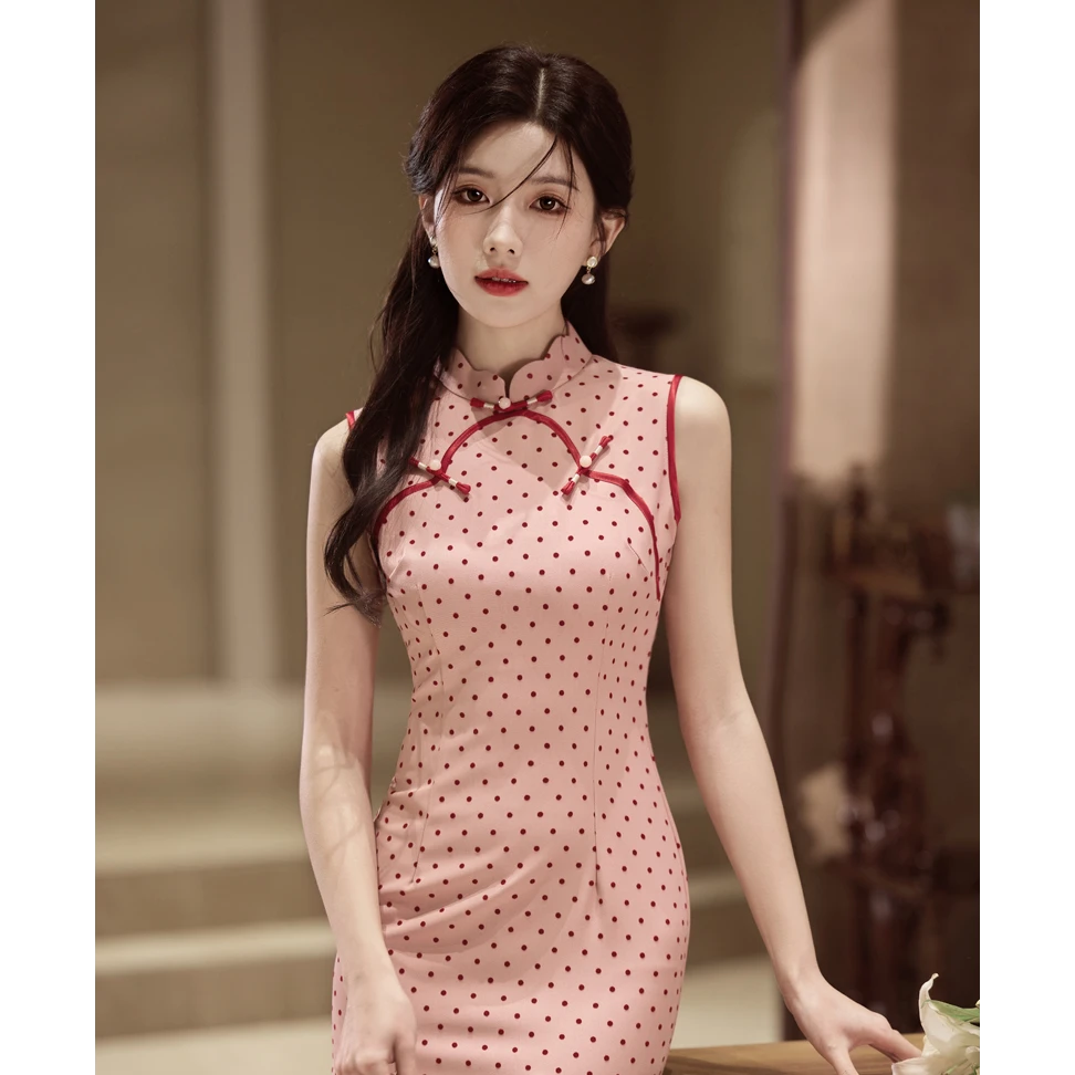 【粉色波点】新中式复古小女旗袍文艺风2025年春夏新款连衣裙5678