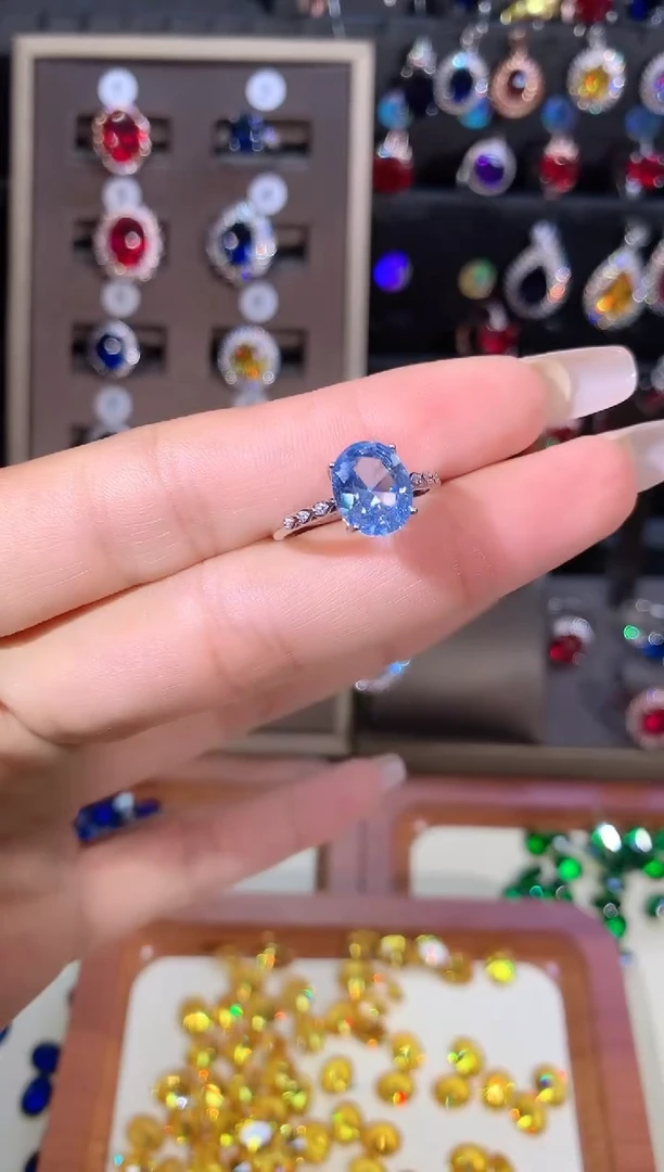 银S925镶嵌戒圈海蓝宝石810白