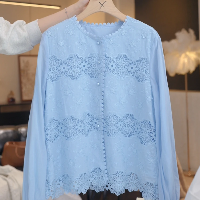 Caltivrou【蕊蕊】高级重工蕾丝白衬衫女春上衣设计感衬衣棉Y14989