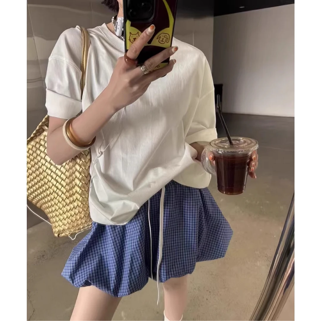 【现货】复古格子半身裙女夏季新款抽绳松紧腰显瘦防走光花苞短裙