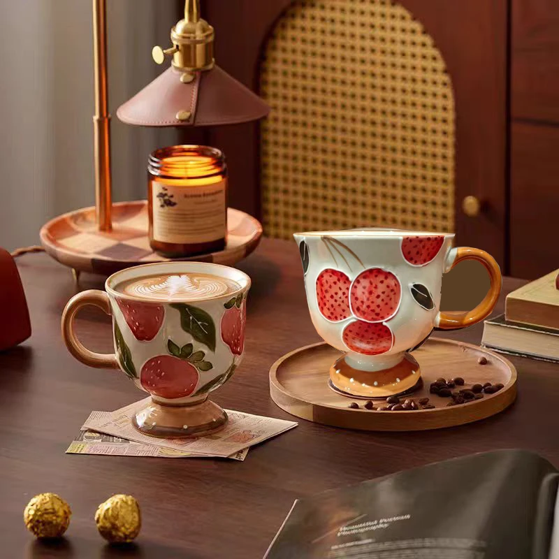 中古手绘高脚陶瓷咖啡杯马克杯550ml大容量家用喝水杯子早餐杯