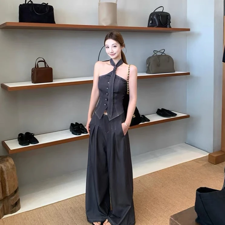 夏季新款洋气衣服女设计感抹胸不规则挂脖吊带上衣宽松气质阔腿裤