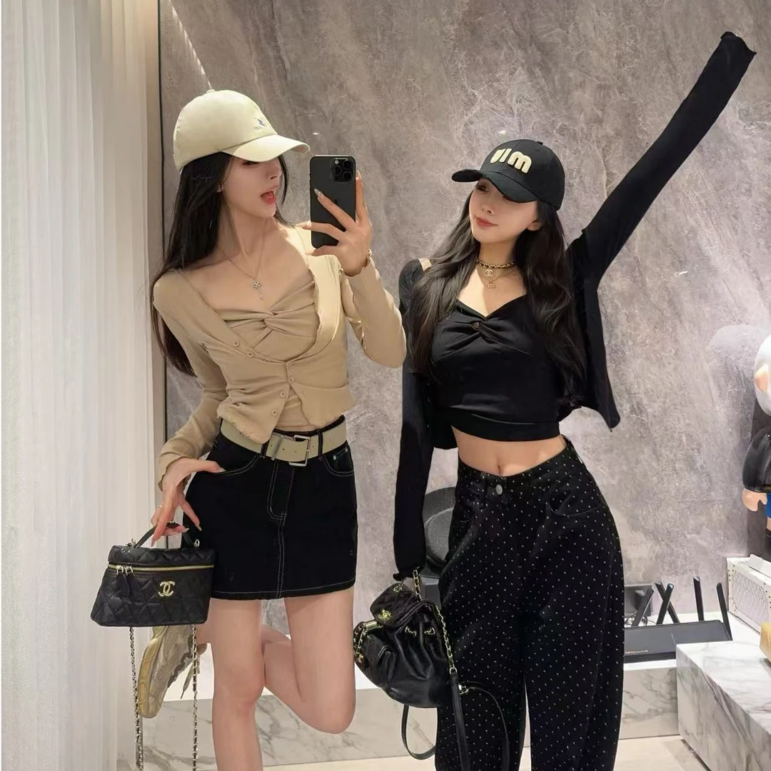 【小心姬】高腰气质时尚波点牛仔裤＋开衫吊带两件套