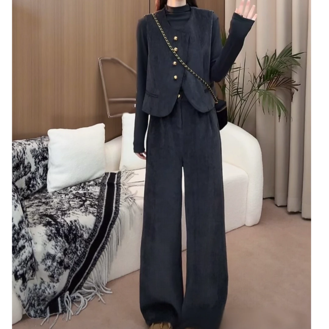 灰色法式时尚马甲套装女2025秋季新款设计感宽松休闲直筒裤三件套