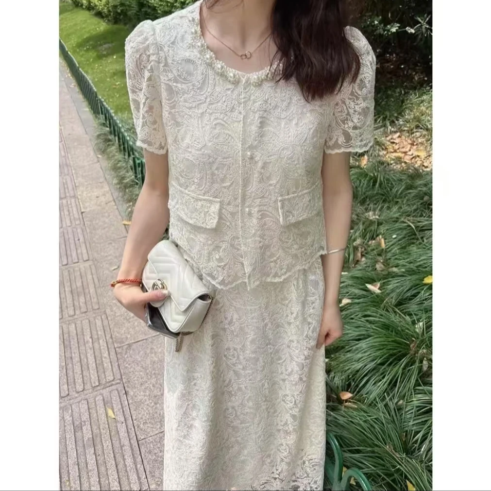 重工时尚小香风套装女夏季新款短袖上衣半身裙两件套