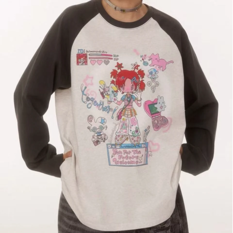 BET秋季宽松插肩长袖上衣百搭圆领纯棉插画T恤女