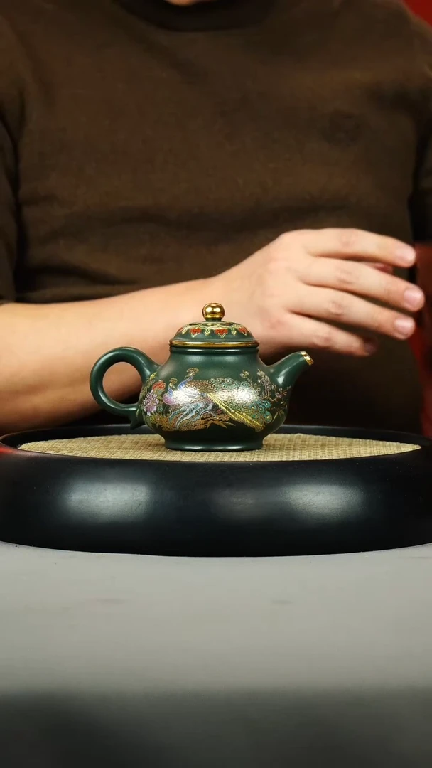 茶壶紫砂绿泥 潘壶 珐琅彩 孔雀