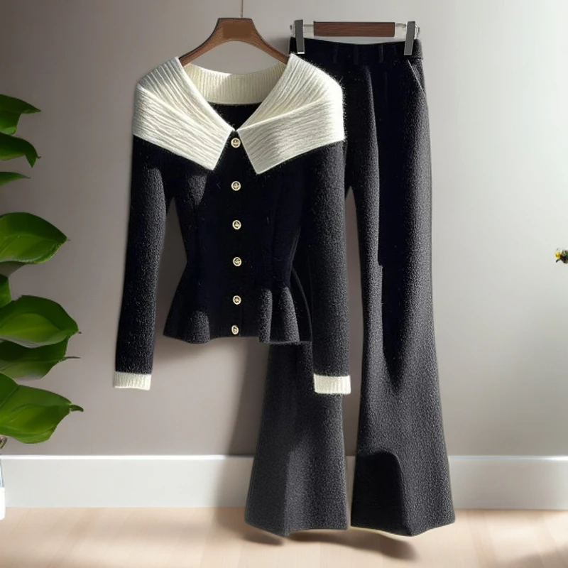 高级感气质名媛高端小香风黑色翻领毛衣阔腿裤套装冬季穿搭一整套