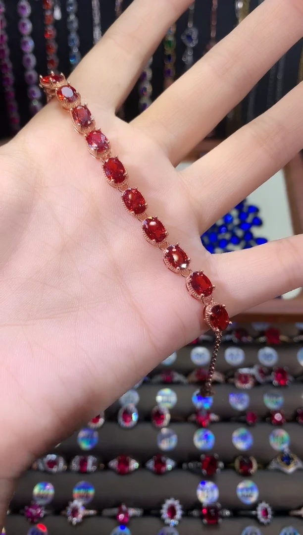 银S925镶嵌手链石榴石玫瑰金