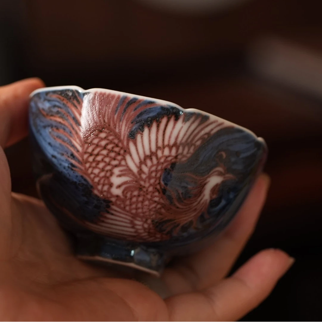 正萌八方杯复古陶瓷主人杯主人杯手绘釉里红