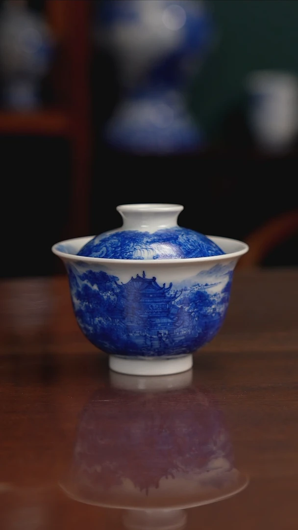 自成堂柴窑青花楼阁盖碗