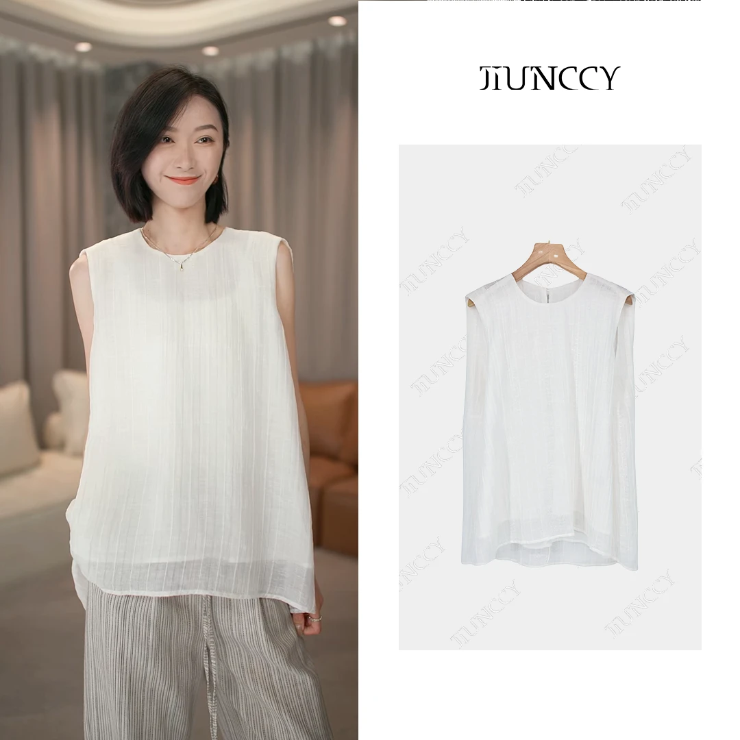 JIUNCCY【罗马假日】亚麻竖纹压皱肌理感宽松休闲无袖上衣 24CY070