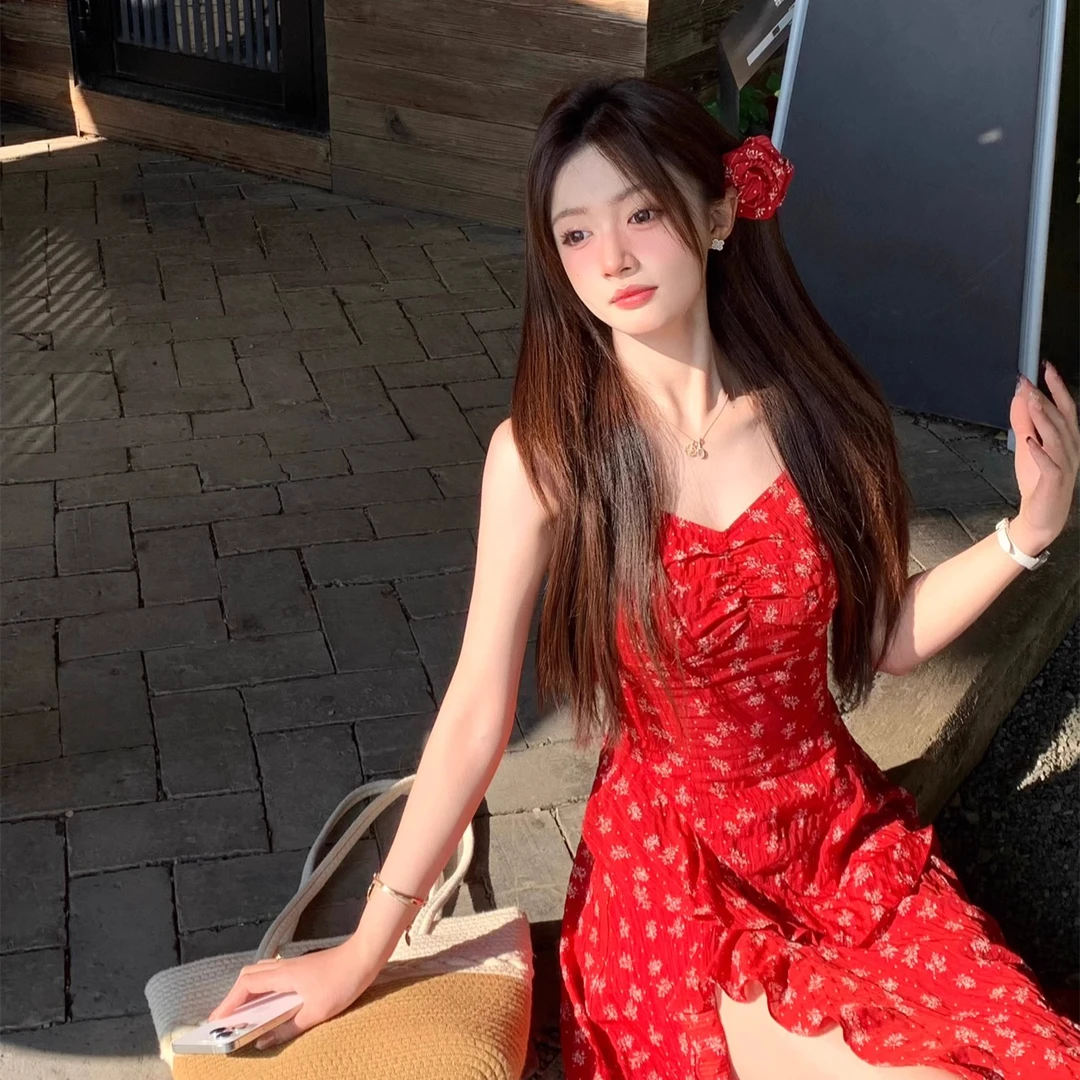 【不被定义的碎花裙】绝美红色度假吊带连衣裙女春夏新款开叉长裙子