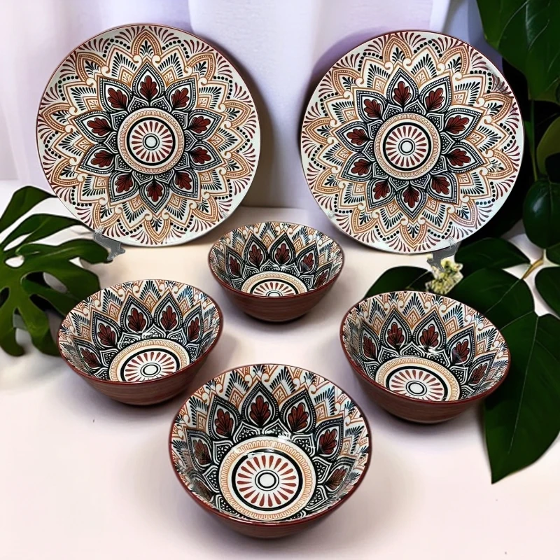 欧式高颜值波西米亚陶瓷釉下彩复古创意餐具套装家用手绘碗盘碗碟