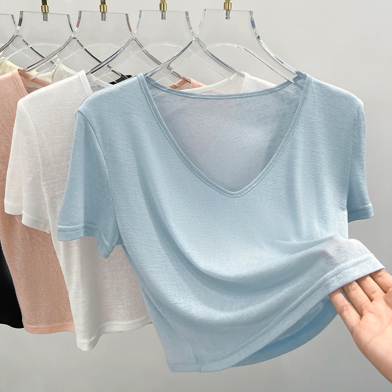 蓝色正肩半透视薄款面膜打底衫新款内搭短袖性感V领修身网纱t恤衫