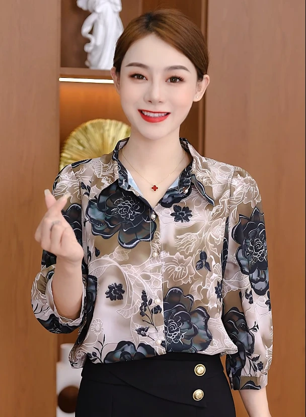 2025夏季新款印花开衫洋气女衬衫时尚减龄女士显瘦碎花女士衬衣1