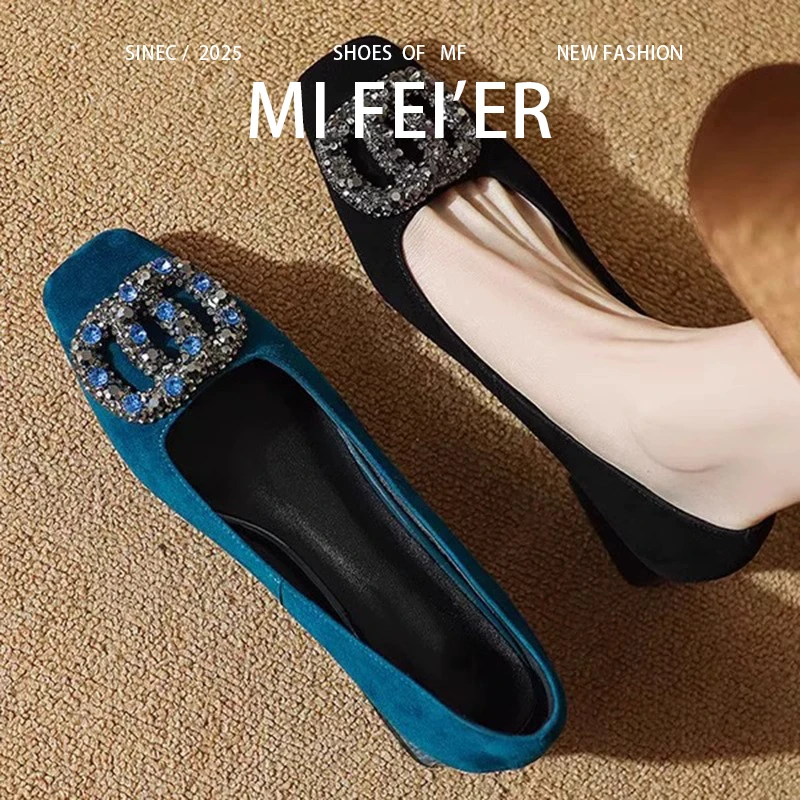 3cm真皮羊皮方头粗跟单鞋女蓝色磨砂气质方扣水钻浅口中跟高跟鞋