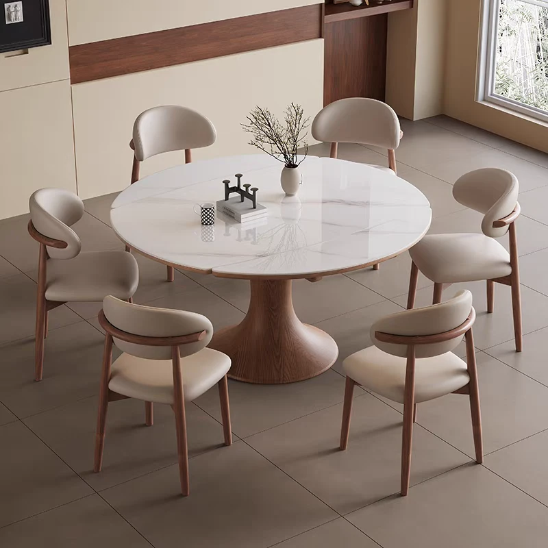 中古风实木高端胡桃色小户型餐厅圆家用伸缩岩板餐桌椅餐桌家用