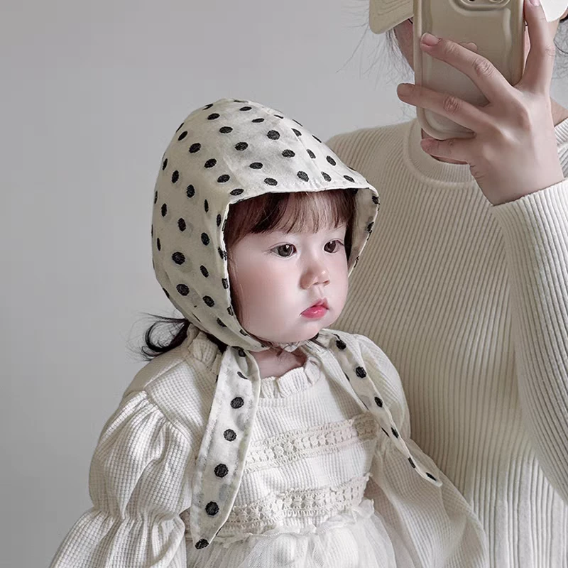宝宝帽子春秋款宫廷帽复古波点系带护耳帽婴幼儿公主帽韩版遮阳帽
