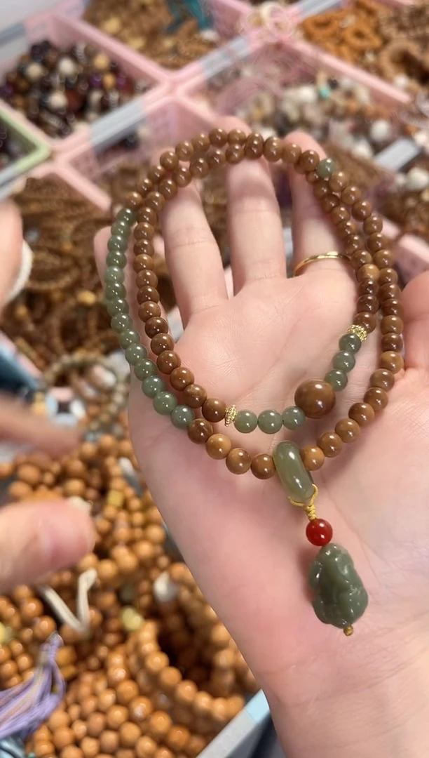 项链未镶嵌和田玉库克圆珠6mm搭配和田玉貔貅项链