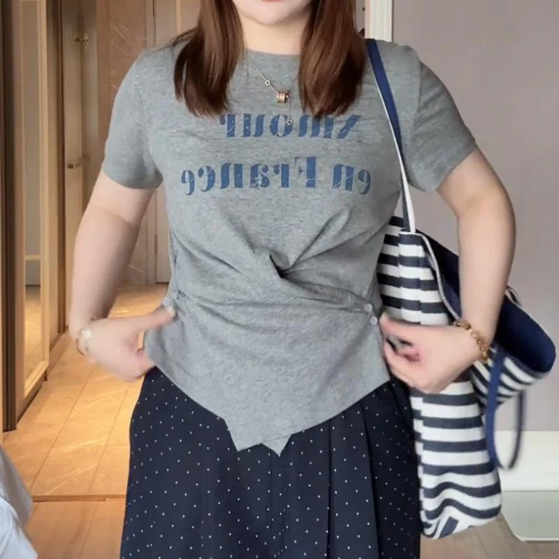 设计感上衣2025夏款新款定制韩系收腰显瘦百搭T恤