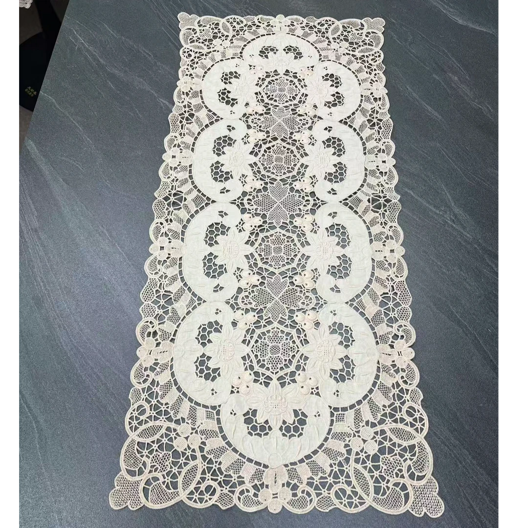 葡萄花全棉手工(38*87cm)复古镂空刺绣长方形茶几布艺餐桌盖巾
