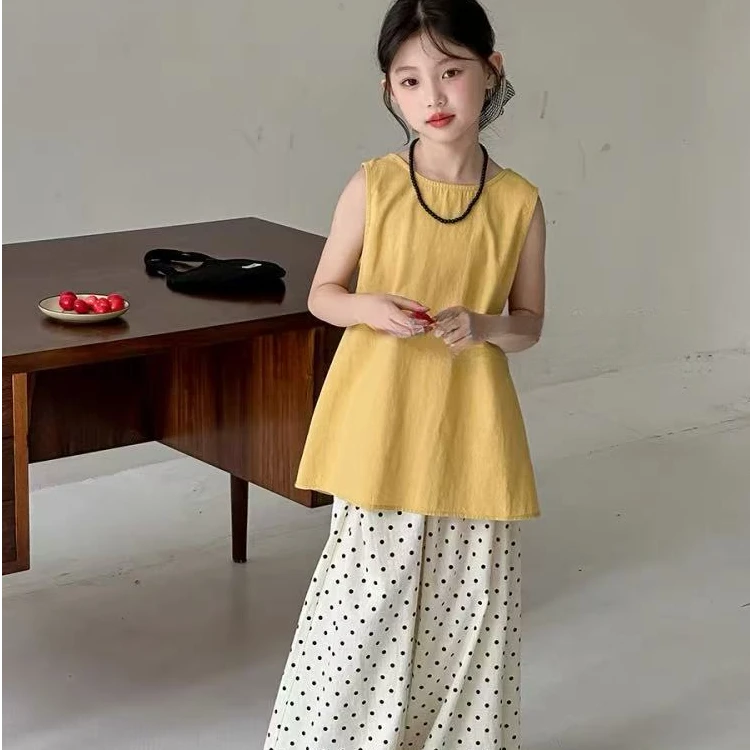 女童无袖衬衫2025新款甜美女孩娃娃衫背心洋气夏装时髦上衣套装