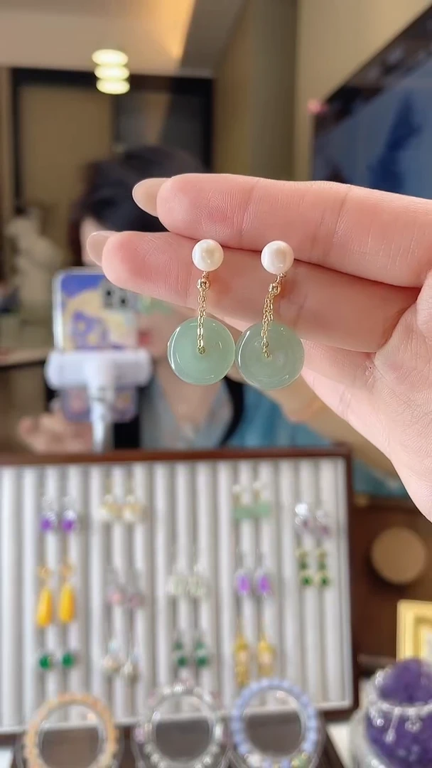 铜合金无925银39.9 绿色平安扣耳钉