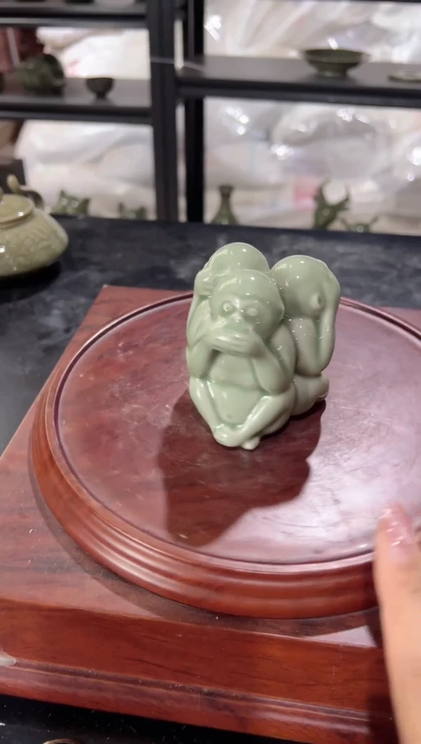 耀州窑三不猴摆件茶宠