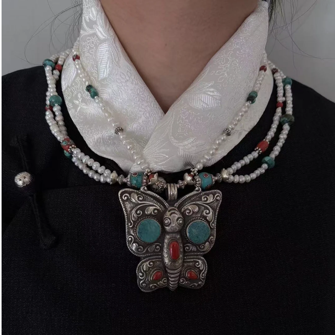 坠链均925银 黑措原创设计|纯手工复古蝴蝶民族风中古藏式项链