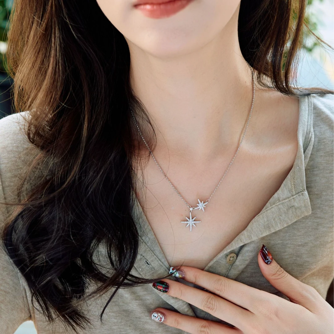 坠链均925银莫桑石 双八芒星项链轻奢时尚百搭小众简约