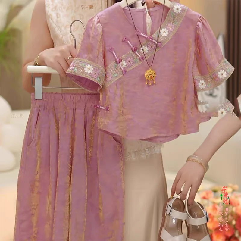 女童国风短袖裙裤套装2025夏季新中式中袖阔腿裤冰丝提花古风盘扣