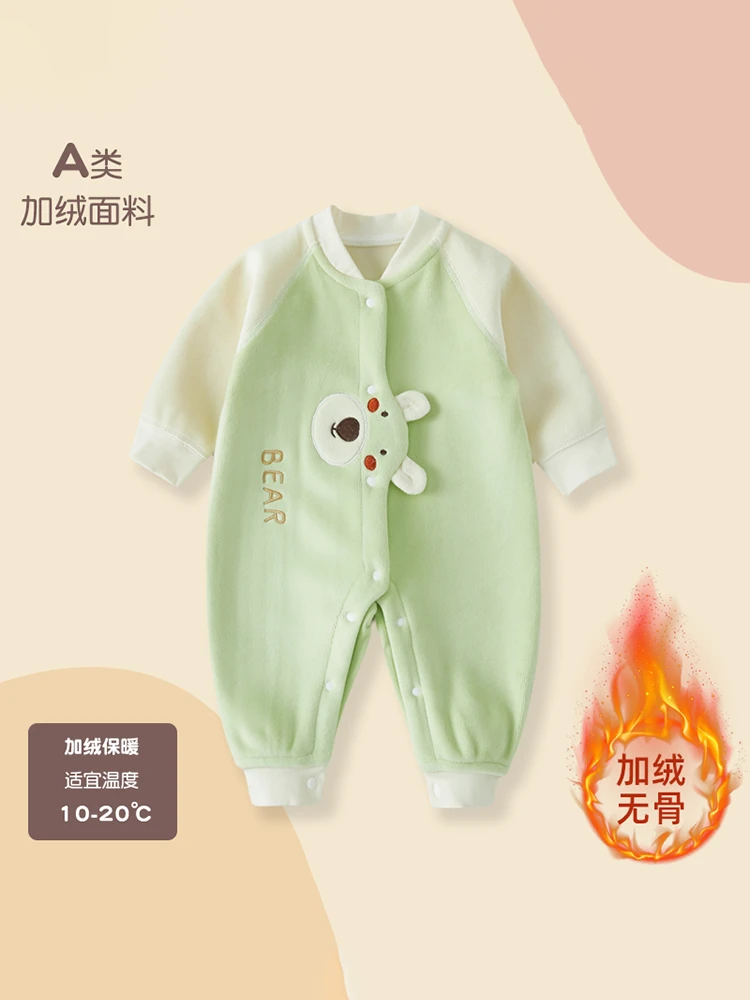 婴儿加绒连体衣秋冬加厚无骨双面绒男女宝宝哈衣睡衣儿童保暖衣服