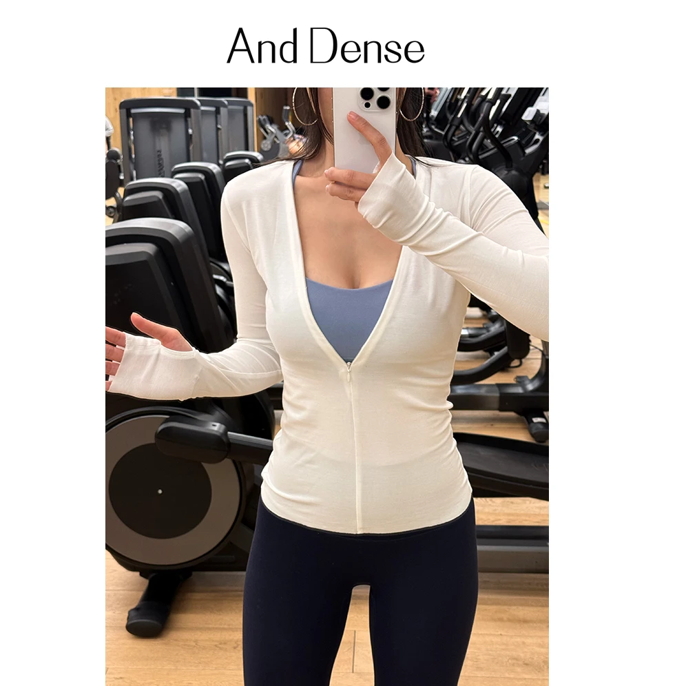 And Dense 气质V领长袖运动罩衫 拉链上衣 瑜伽服