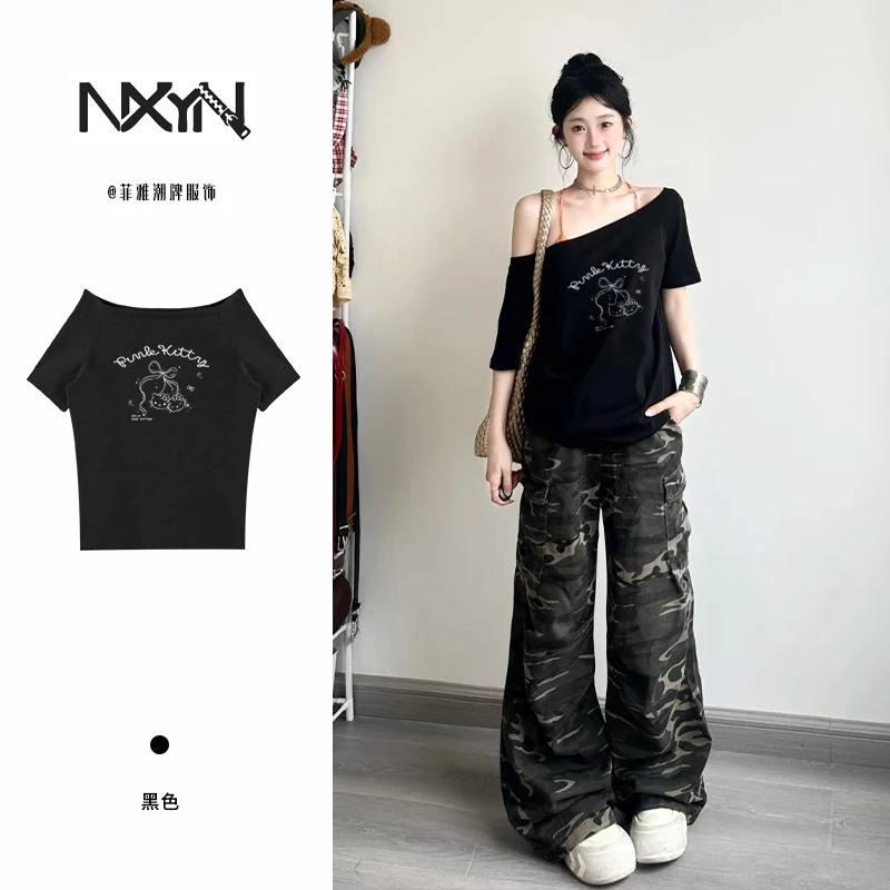 NXYN夏季斜肩短袖KT印花字母短袖T恤纯色韩版白色休闲t恤露肩上衣