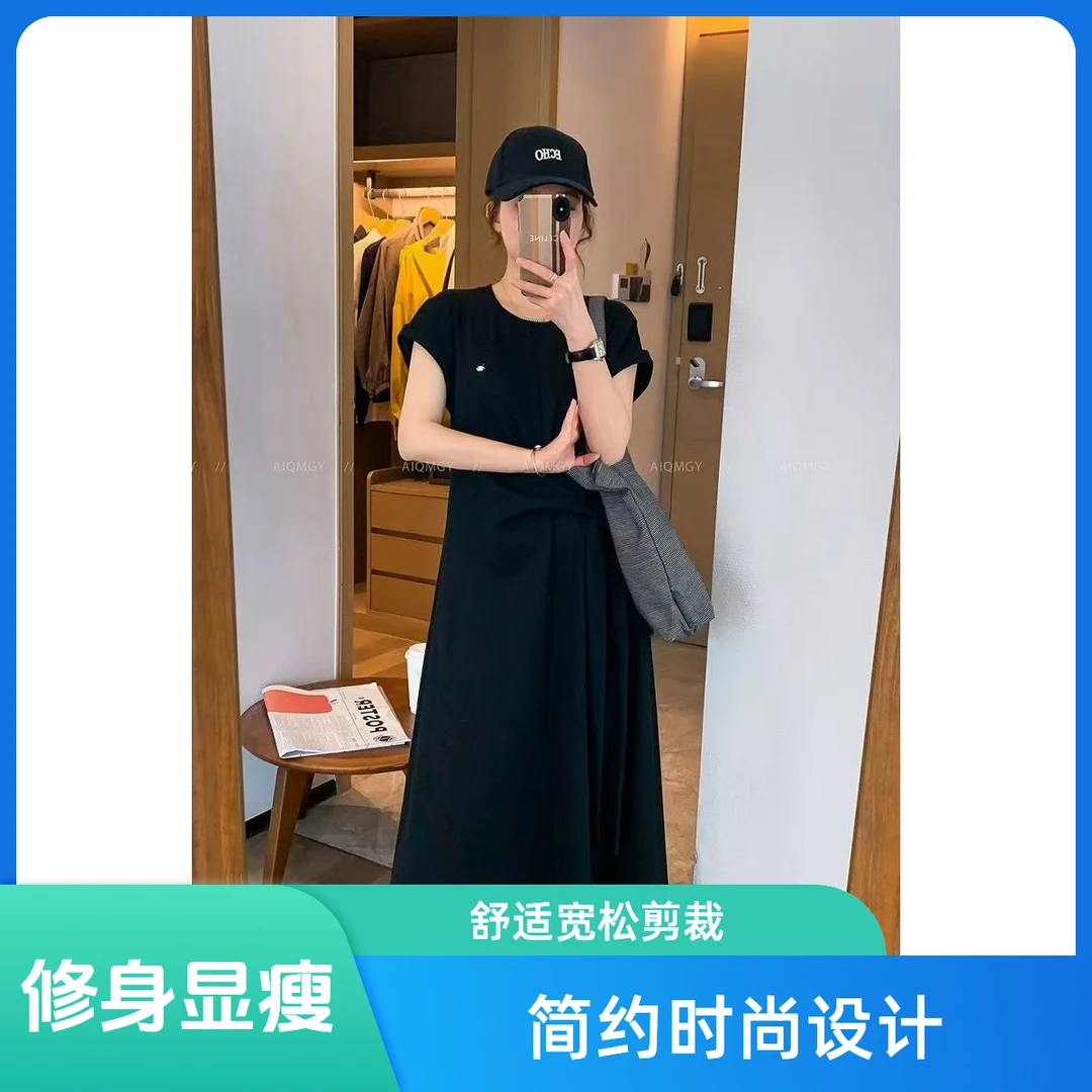 大码女装夏季25新款绑带收腰短袖连衣裙休闲宽松显瘦长裙