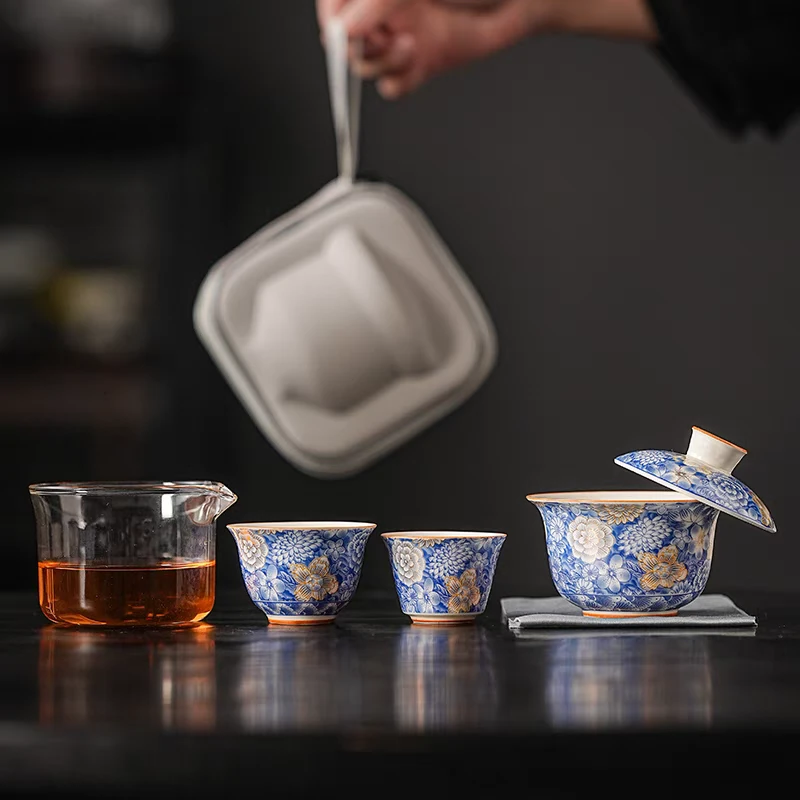圣藏青花旅行快客杯车载茶具家用茶具功夫盖碗茶具一壶二杯