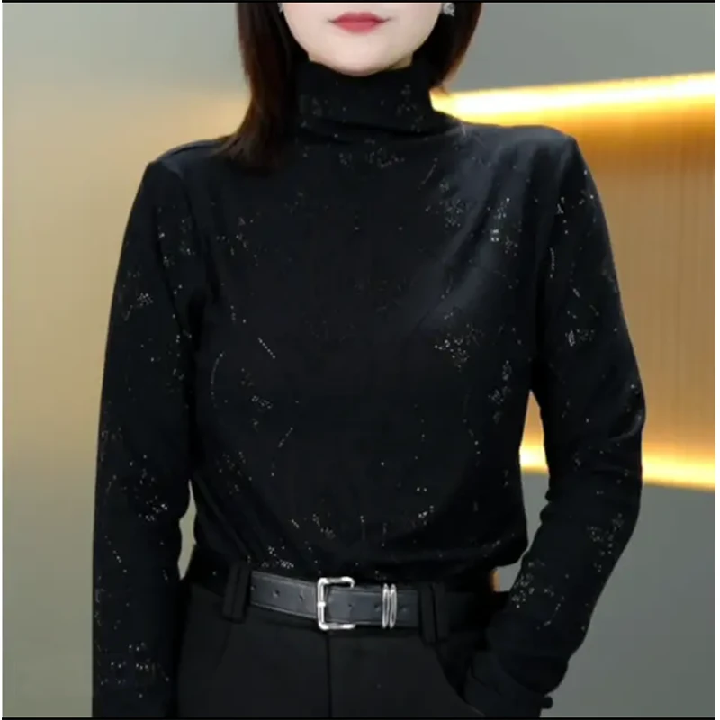 冬季时尚百搭烫钻德绒半高领长袖t恤女新款减龄内搭打底衫上衣女