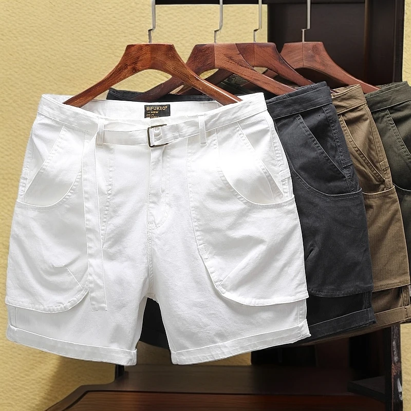 阿美咔叽五分裤夏季男士修身直筒白色纯棉休闲短裤工装马裤男潮