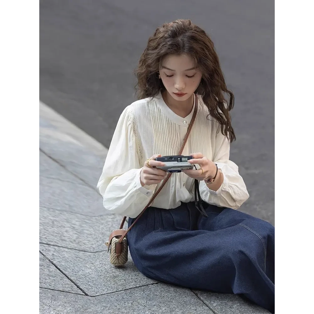 2025春秋新款小众设计感温柔蕾丝灯笼袖衬衣搭配牛仔半身裙两件套
