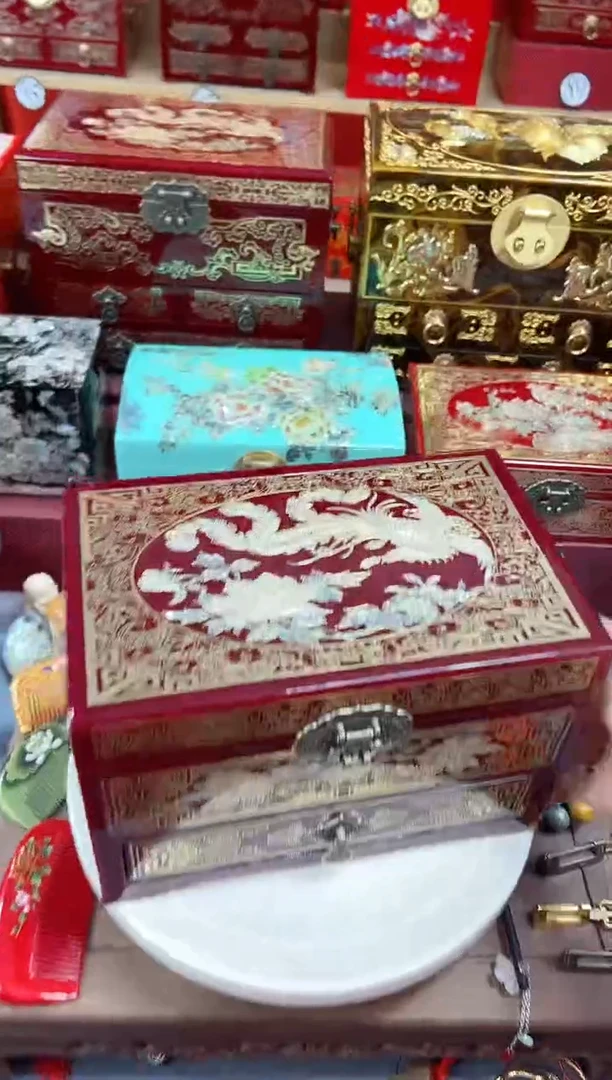 鸢23厘米三层单抽款掐丝螺钿镶嵌酒红色凤凰牡丹