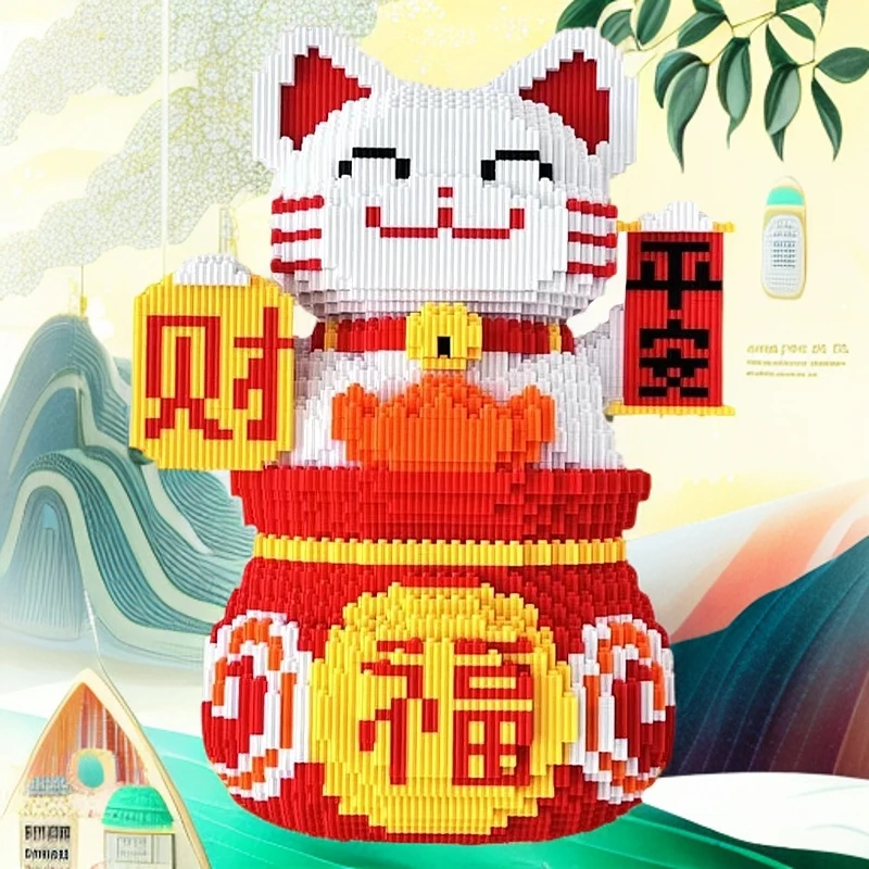 新年新摆件福袋招财猫高级家居人气摆件22CM拼装积木益智玩具落地