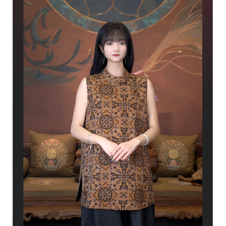 爱上莲心香云纱复古宝相花坎肩上衣  国风新中式老钱风