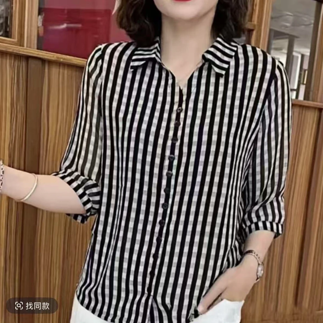 夏季薄款套头百搭洋气翻领条纹中袖上衣