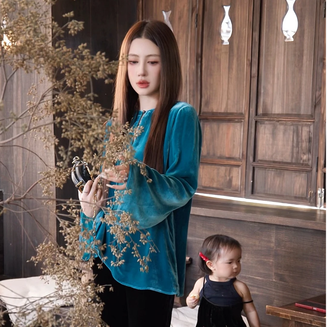 G. yantong/郭彦彤早秋款真丝丝绒长袖上衣新中式轻奢显瘦DD1207