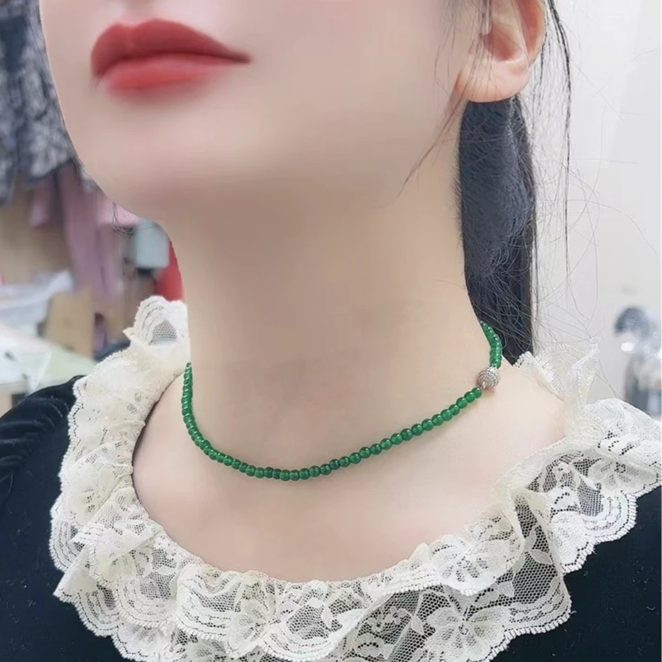 危料翡翠颈链 绿色圆珠小米珠项链