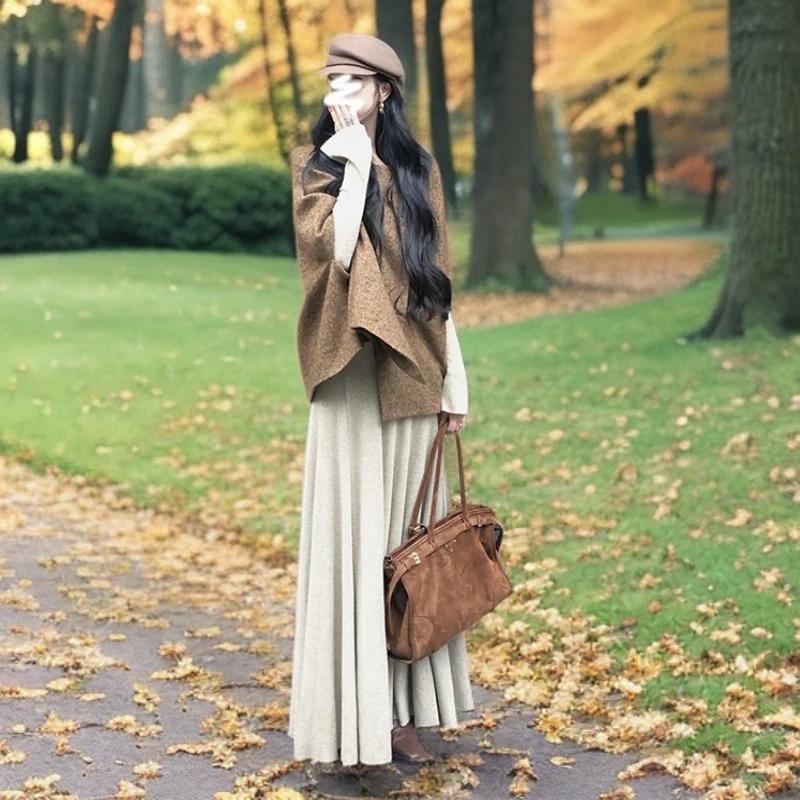 parkyeon高级感棕色斗篷外套女秋季新款高腰软糯针织半身裙两件套